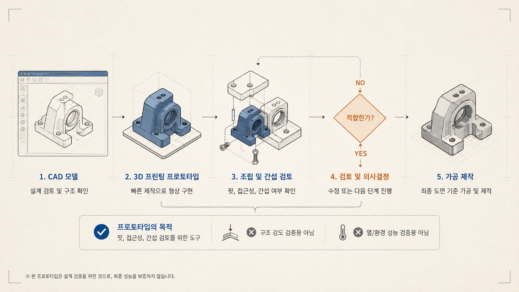 CAD에서 3D 프린트 조립 검토를 거쳐 최종 가공으로 진행하는 단계별 흐름