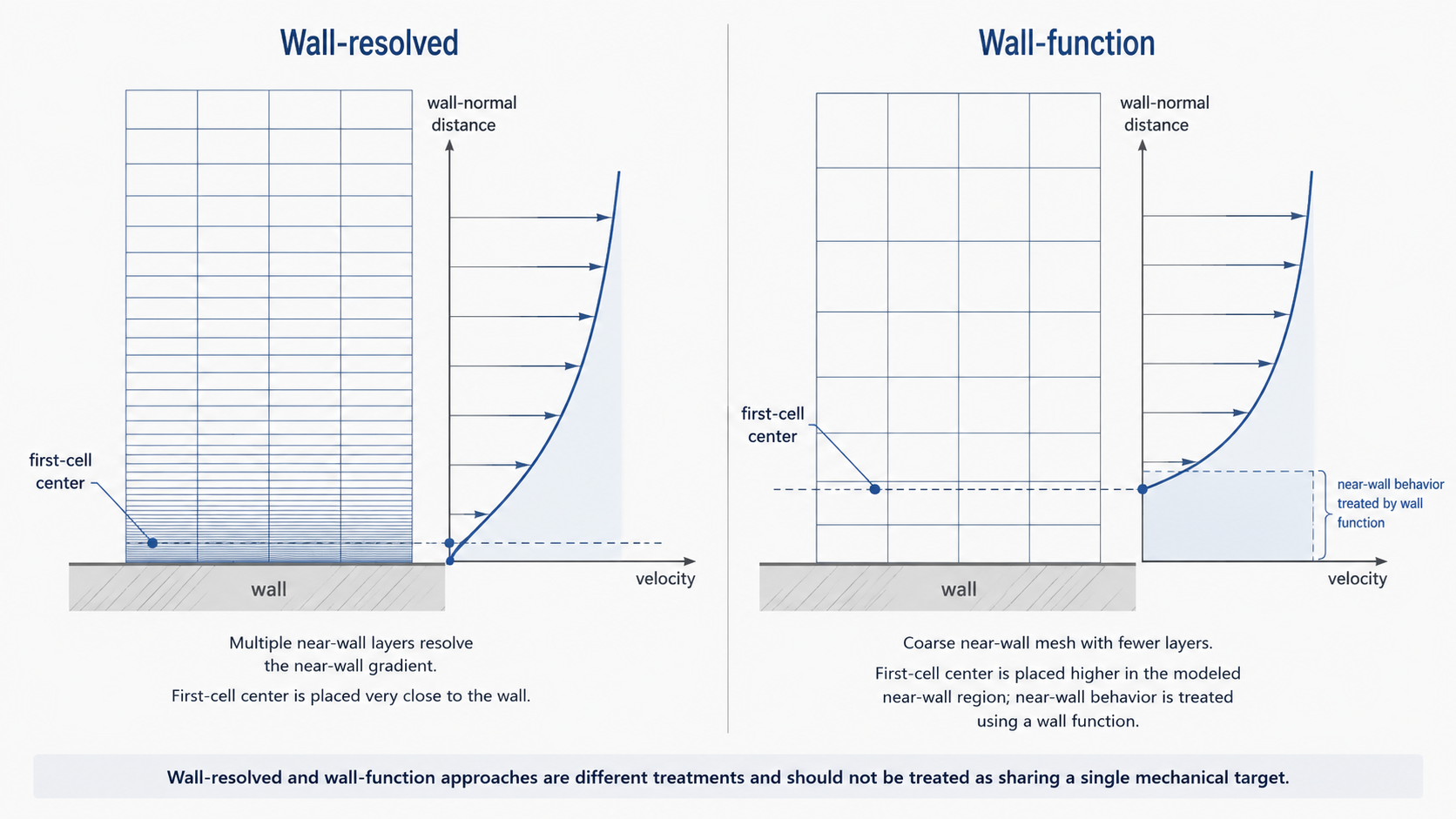 벽 해상 접근과 wall-function 접근에서 첫 셀 위치와 격자 밀도를 비교한 개념도