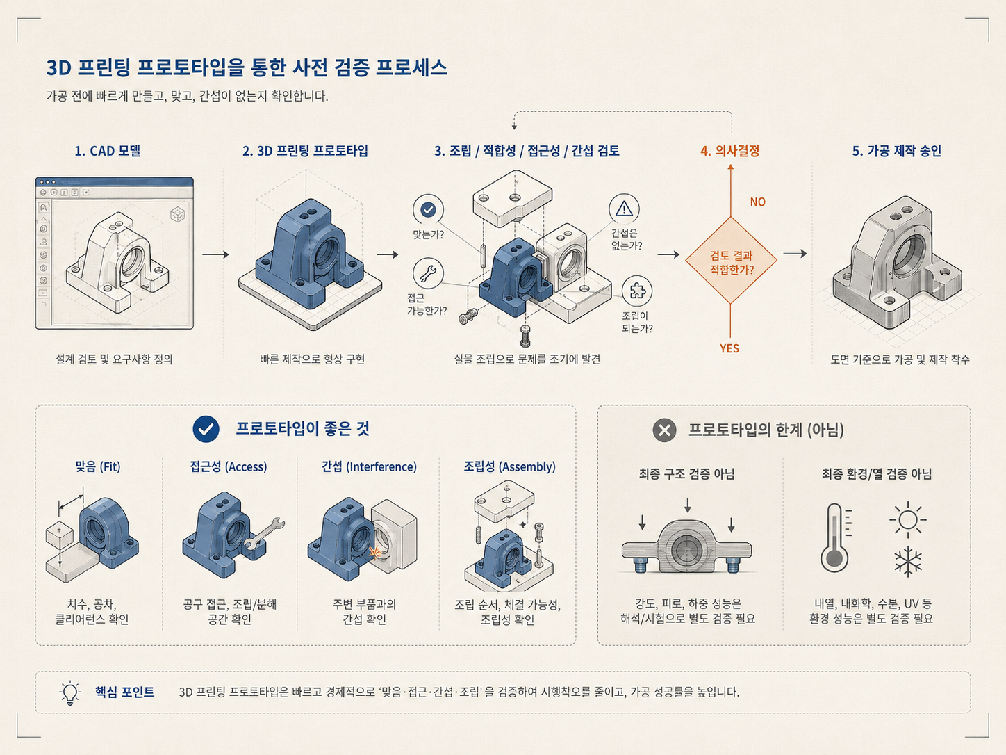 볼트 접근, 케이블 여유, 간섭, 조립 순서를 표시한 프로토타입 조립 검토도